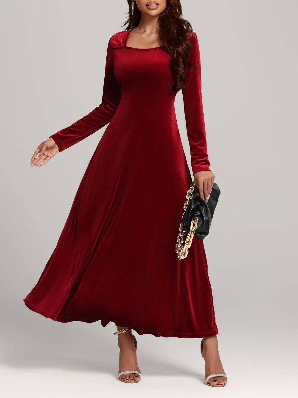 Square neck long sleeve velvet dress in deep red, front view