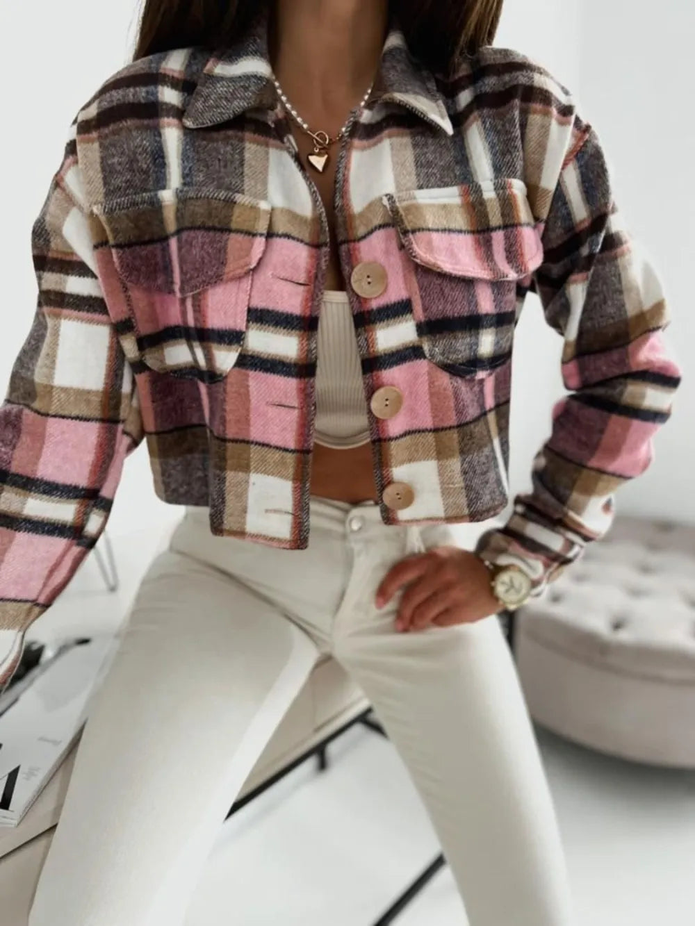 Plaid Collared Pocket Jacket in Pink back view