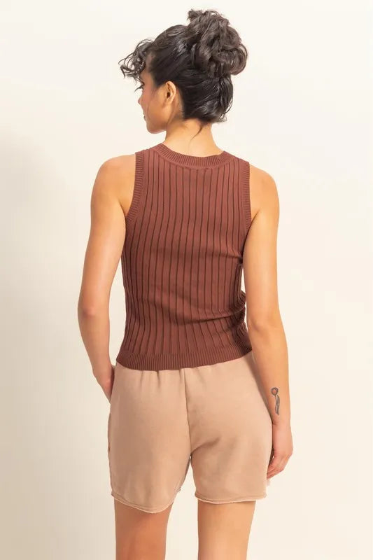Stretchy Ribbed Round Neck Sweater Tank in Brown side view