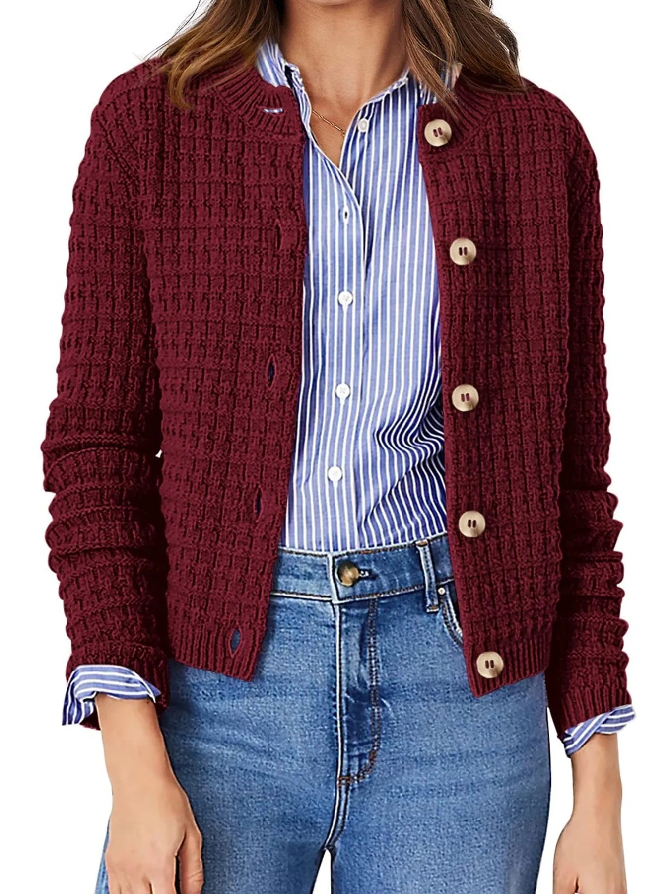Textured Knit Button-Front Cardigan Burgundy - Fashorio