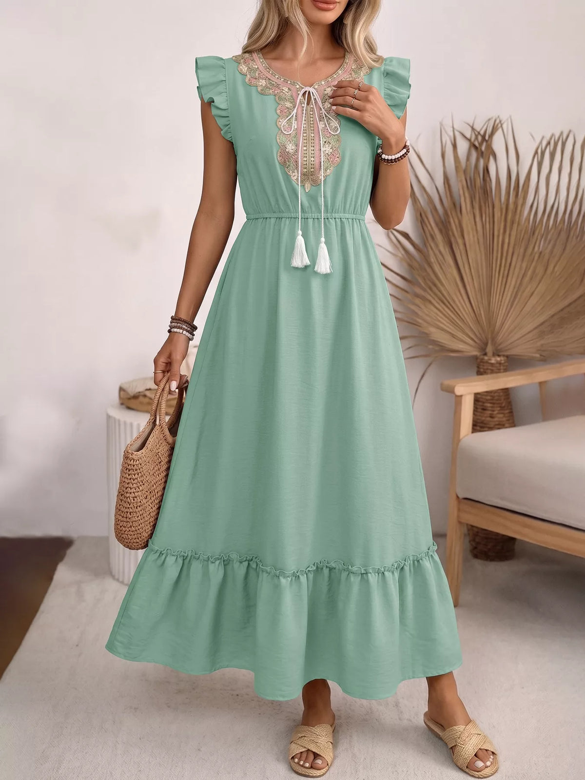 Green embroidered tie neck ruffle sleeve boho maxi dress side view