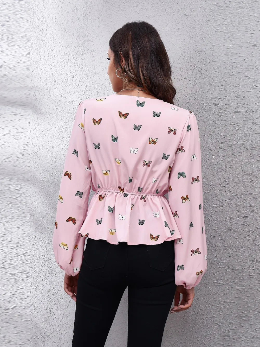Butterfly V-Neck Balloon Sleeve Peplum Blouse - Fashorio