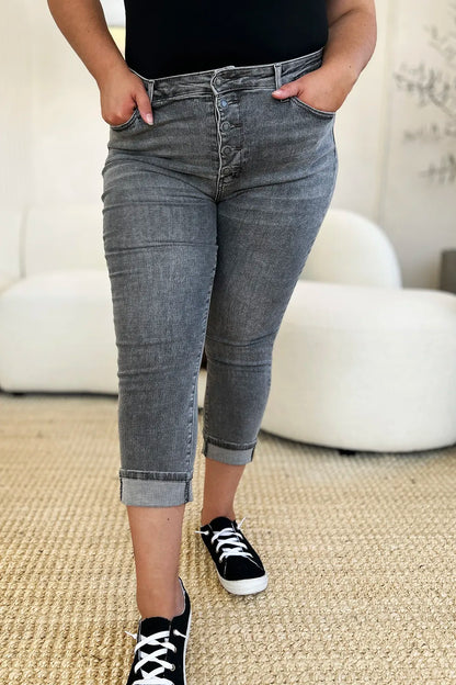 Judy Blue Full Size Button Fly High Waist Cuffed Capris - Fashorio