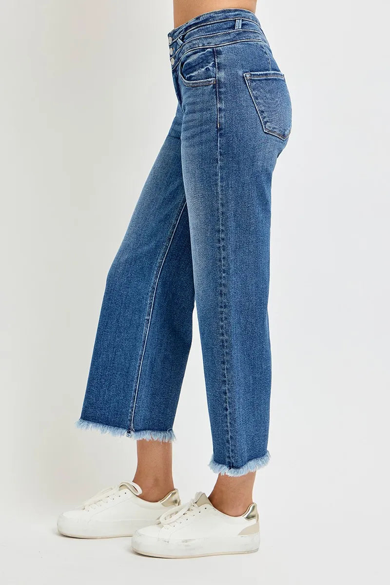 RISEN High Rise Crop Wide Leg Jeans with Wide Band Detail - Fashorio
