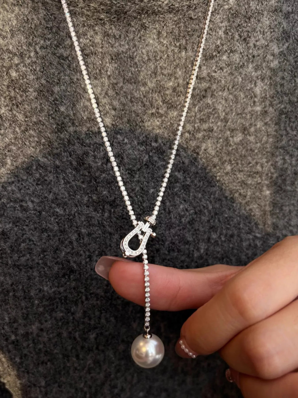 Pearl drop Y necklace with zircon accents, on model