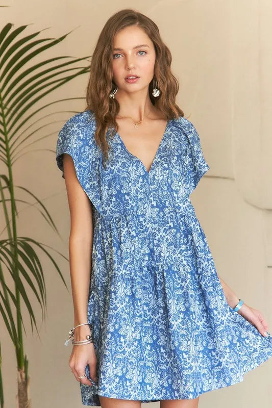 Floral Print Ruffle Sleeve Mini Dress in Denim Blue back view