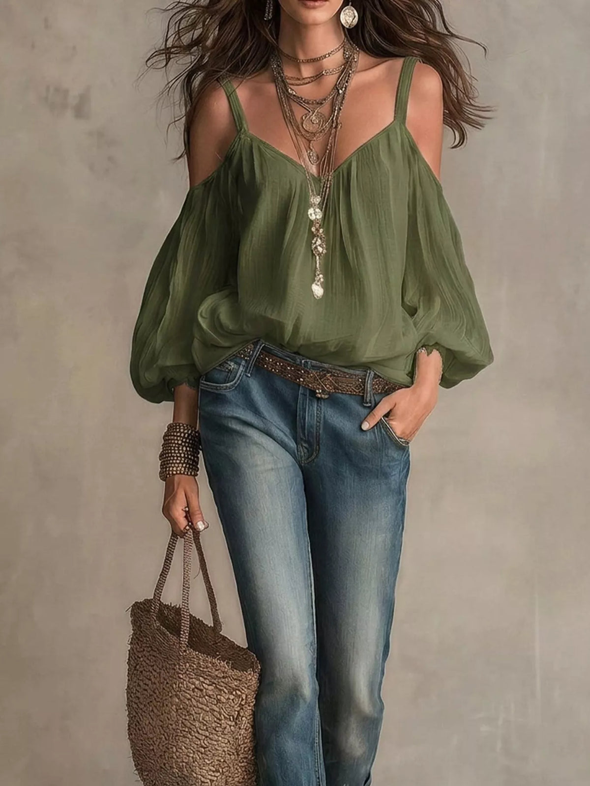 Cold shoulder balloon sleeve blouse fabric detail