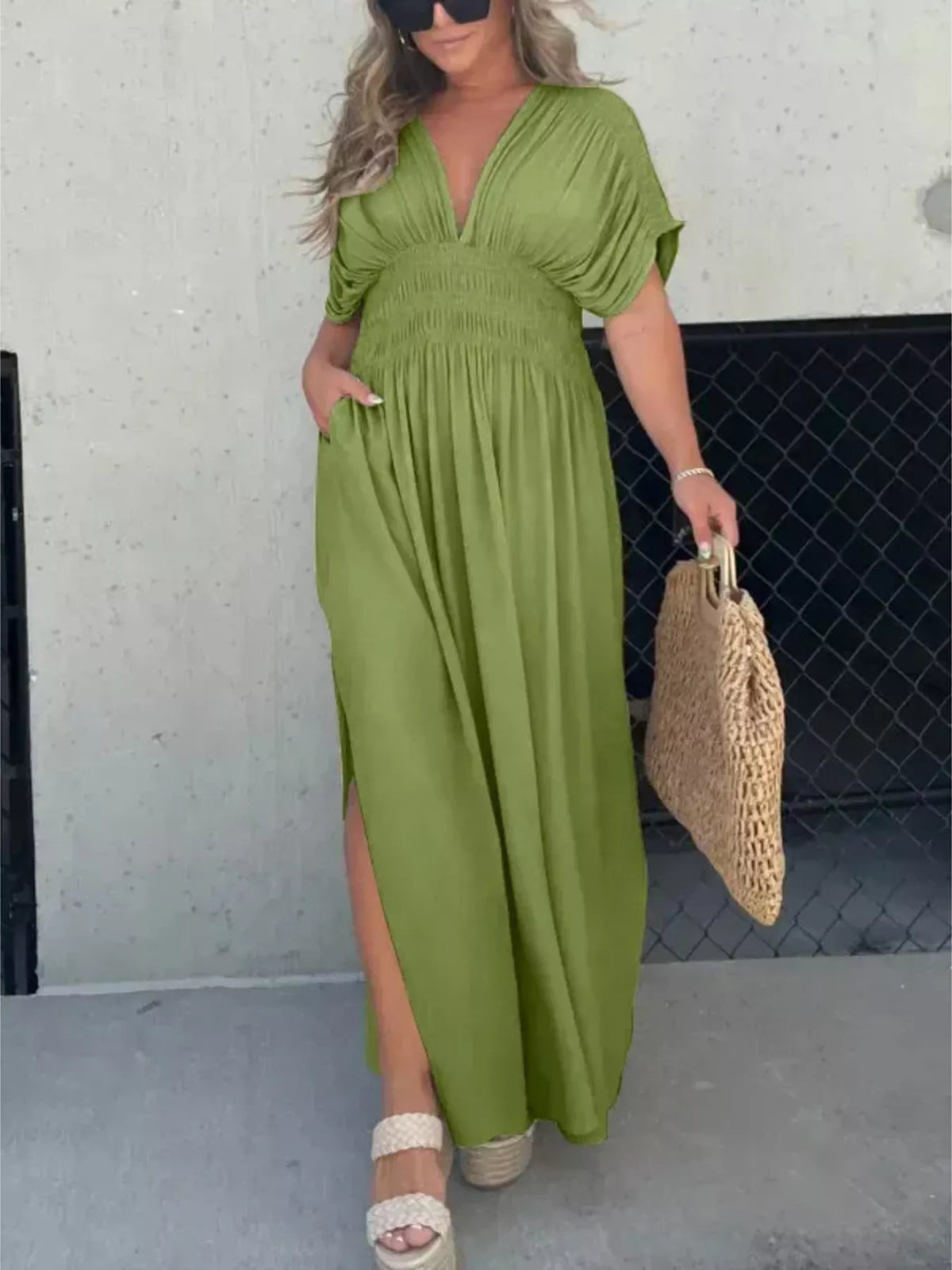 Slit V neck smocked waist maxi dress back view