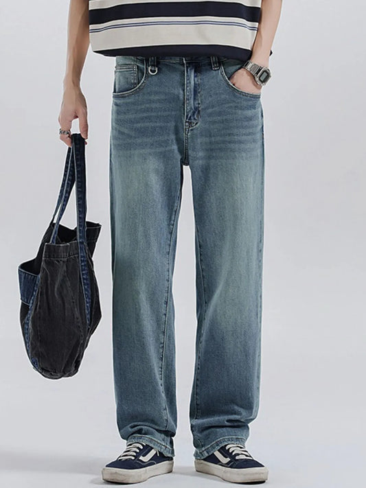 Men's Vintage Washed Relaxed Fit Straight Leg Jeans Sea Sky Blue - Fashorio