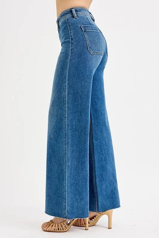 High waist wide leg denim pants full length styling
