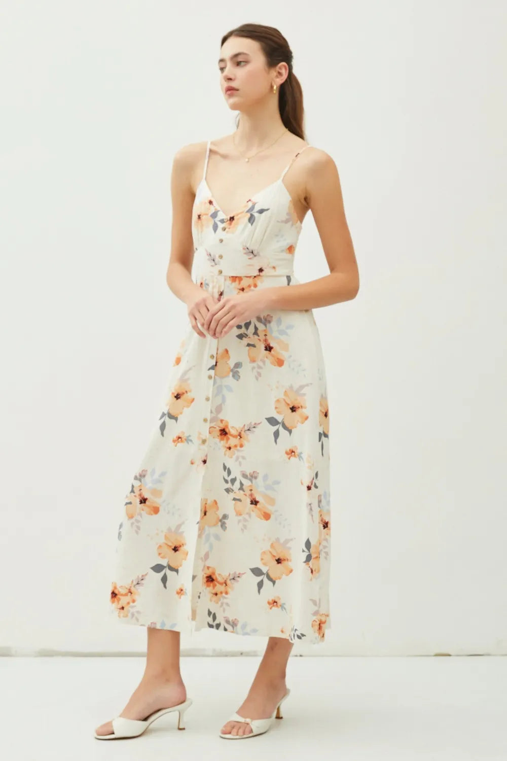 Floral Button Down Cami Midi Dress in Peach side view