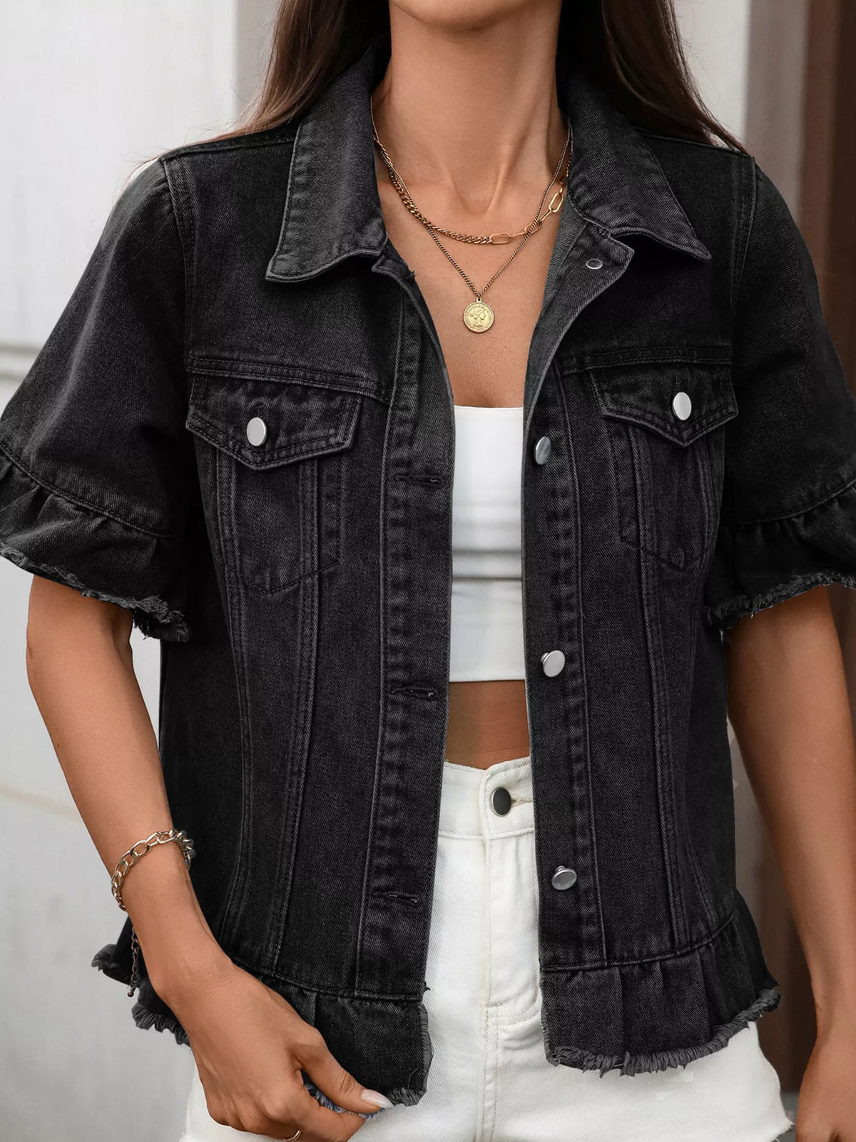 Raw Hem Button Up Denim Jacket in Blue close up