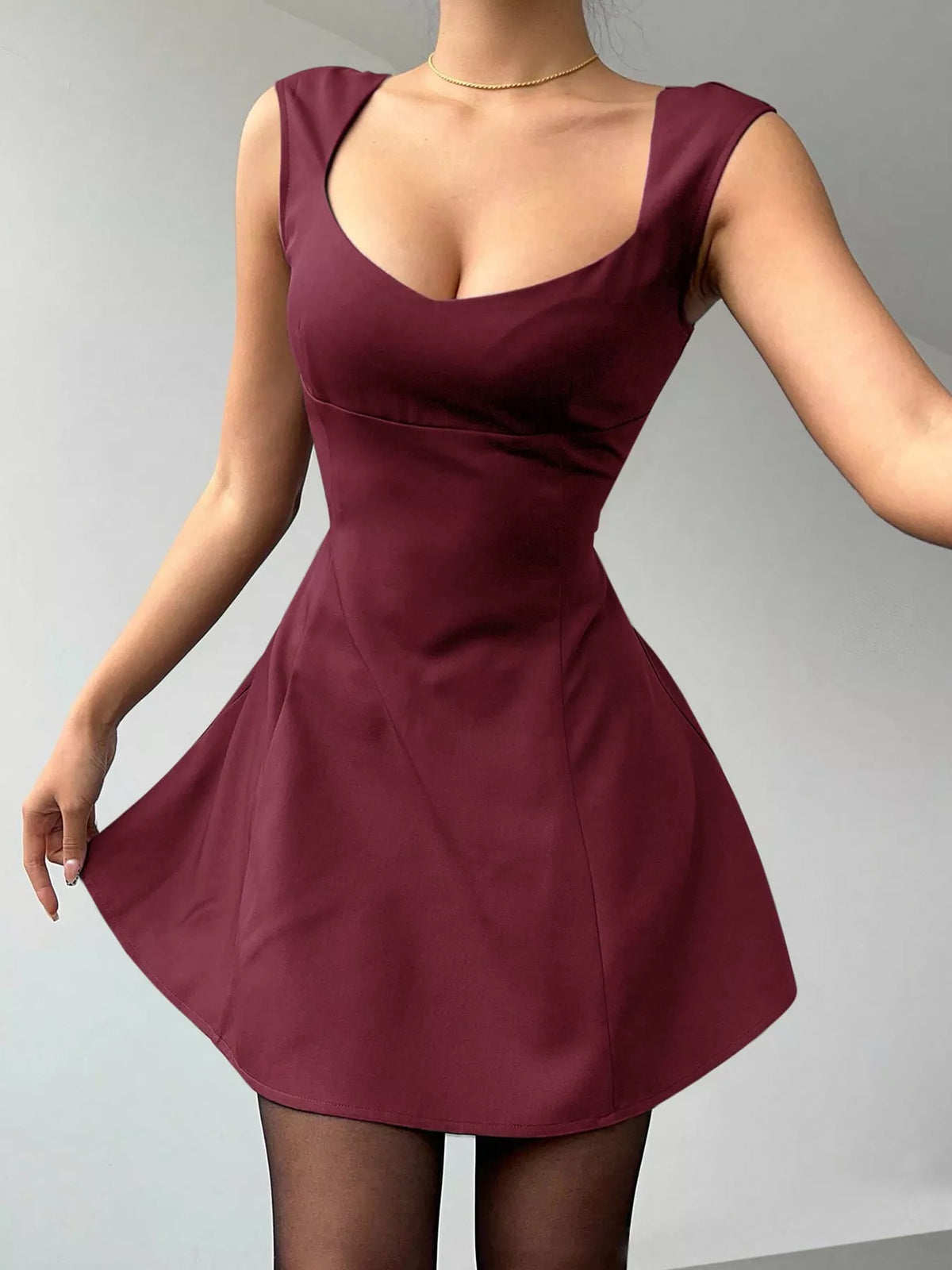 Burgundy sleeveless A line mini dress front view