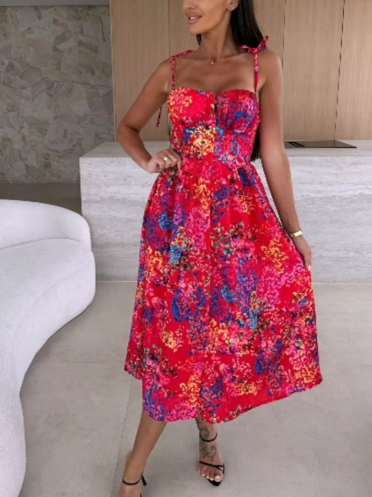 Printed tie strap midi dress close up view