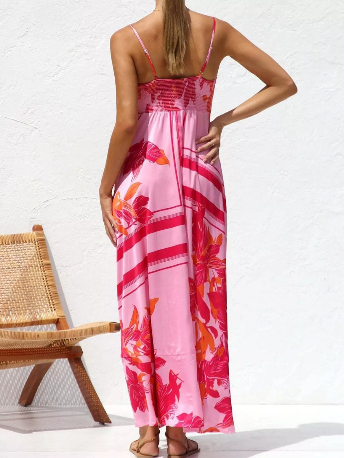 printed spaghetti strap maxi dress close up view