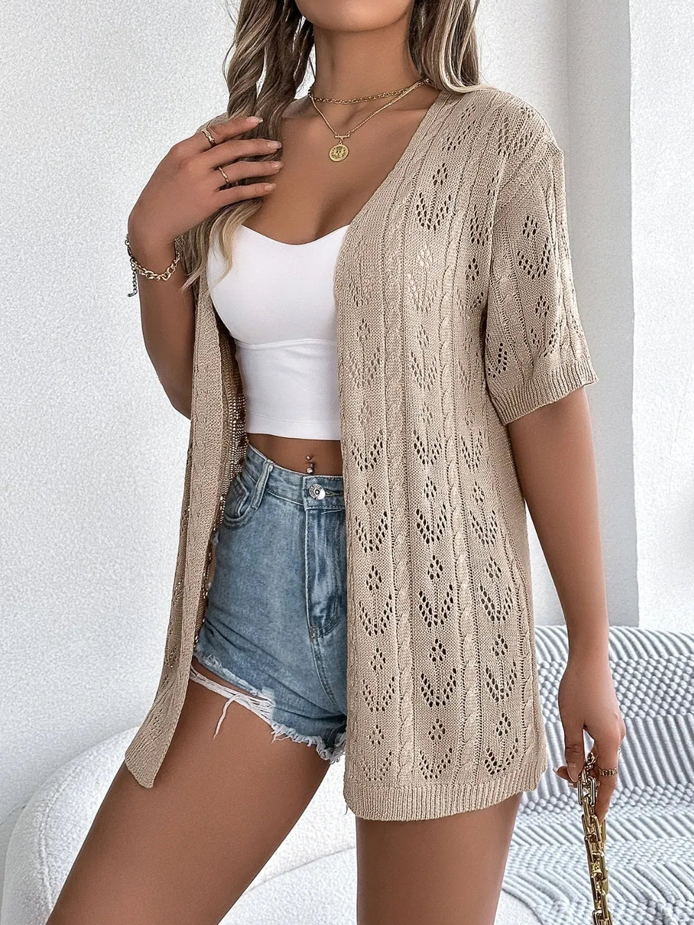 Openwork Open Front Half Sleeve Cardigan - Fashorio