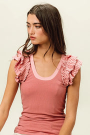 BiBi Rib Knit With Textured Ruffled Top DUSTY ROSE - Fashorio