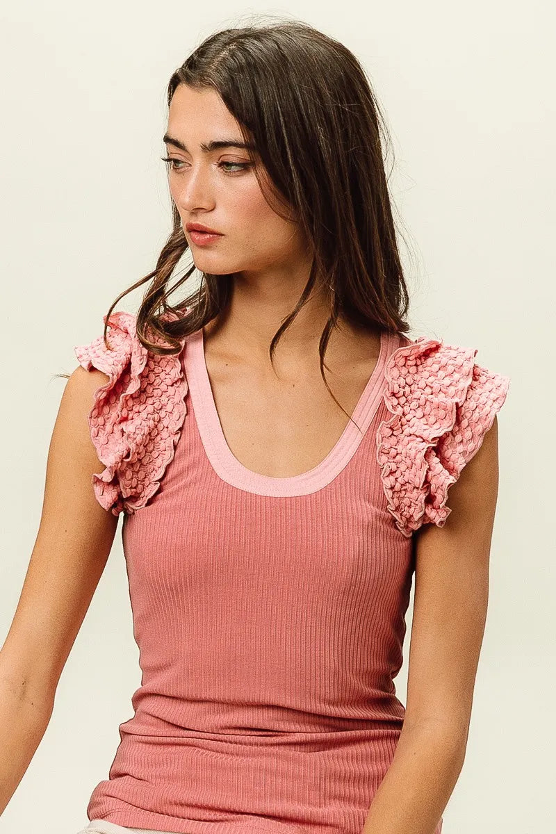 BiBi Rib Knit With Textured Ruffled Top DUSTY ROSE - Fashorio