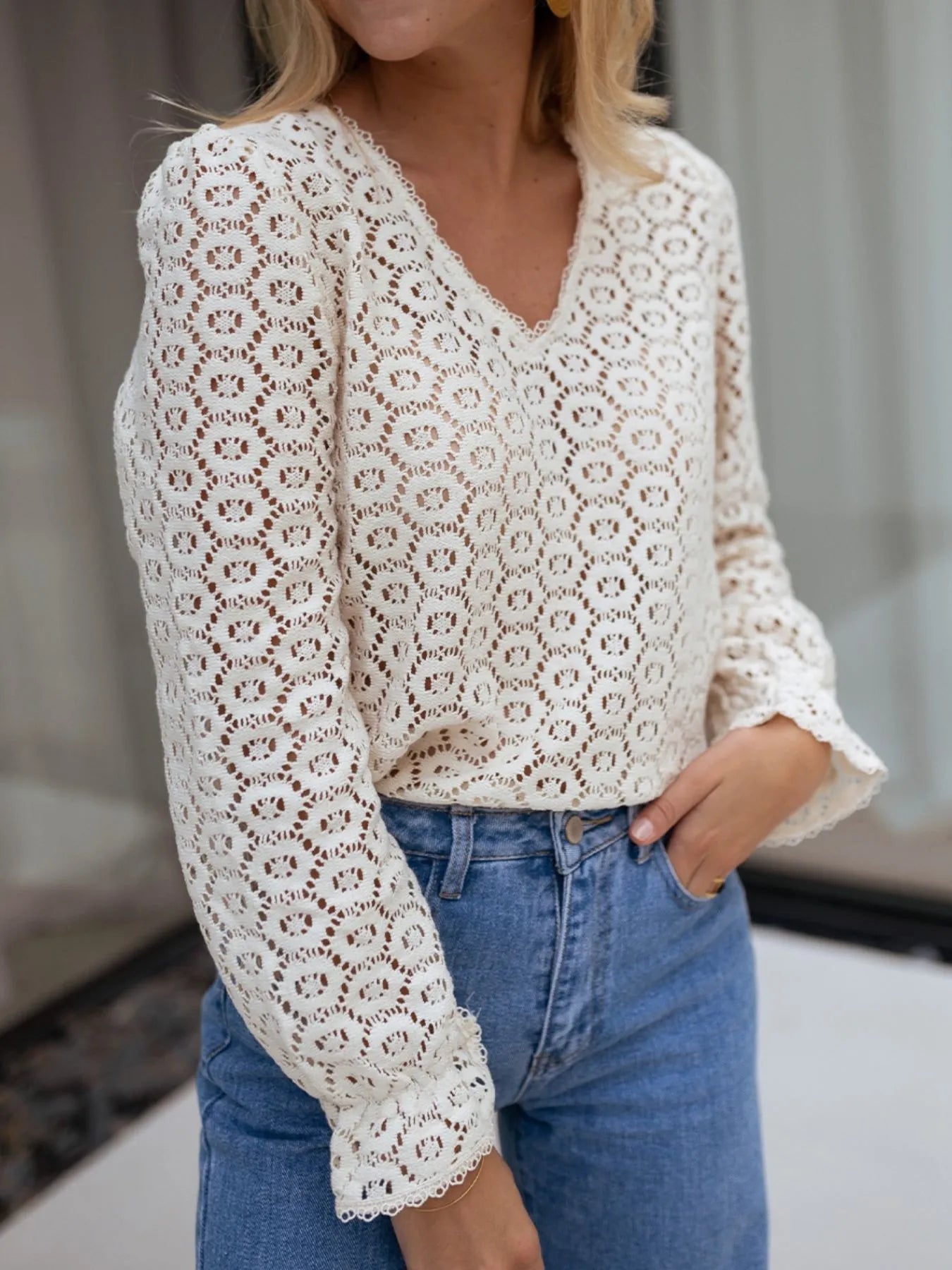 Crochet Lace V-Neck Long Sleeve Blouse - Fashorio