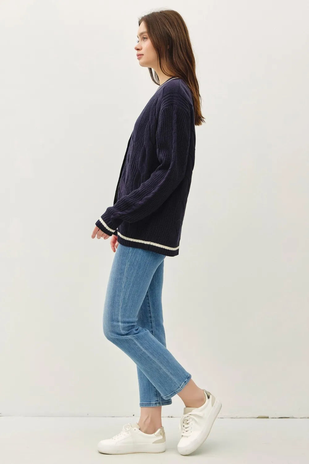 Be Cool Contrast Trim Cable-Knit V-Neck Cardigan - Fashorio