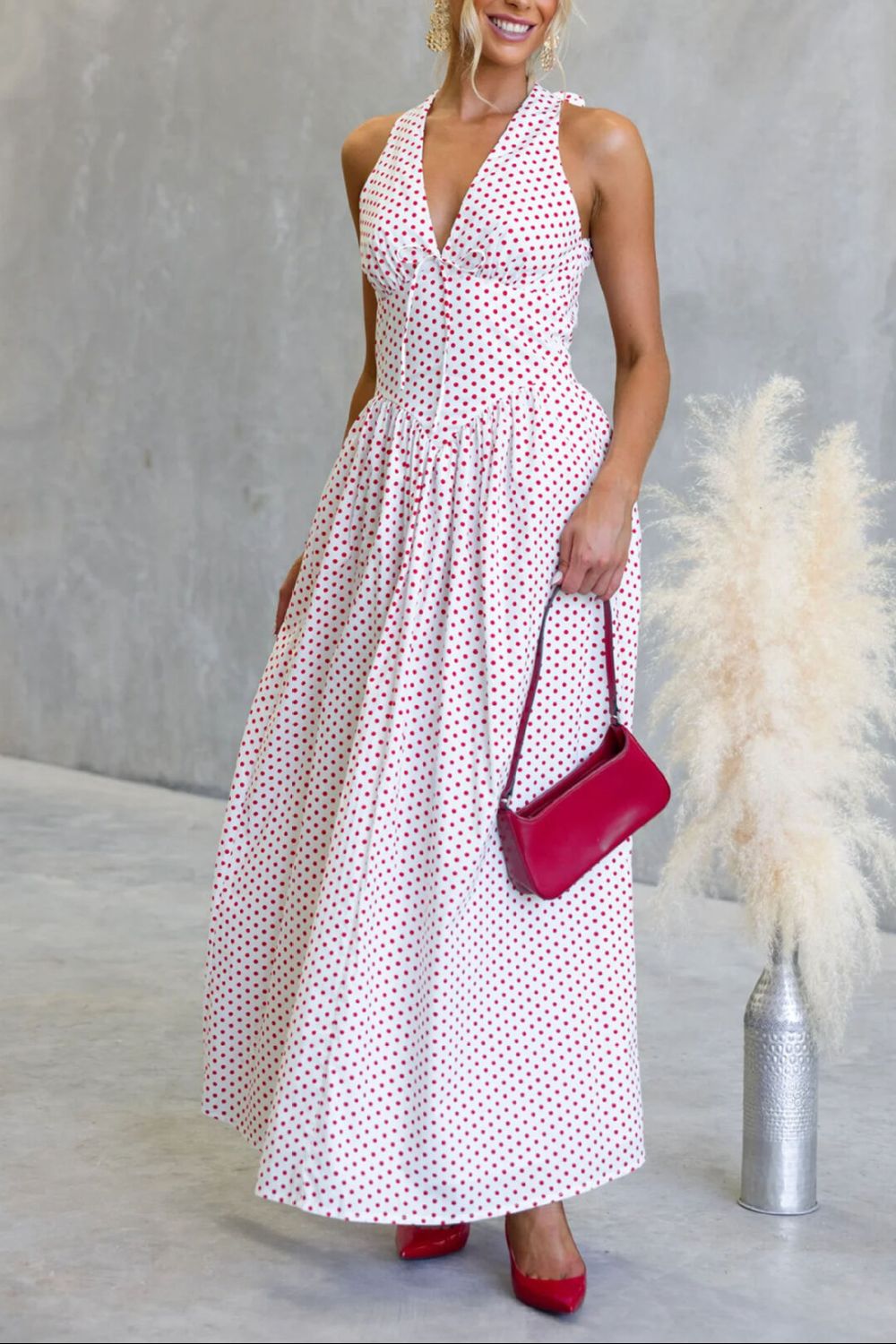 polka dot backless halter neck maxi dress styled outfit view