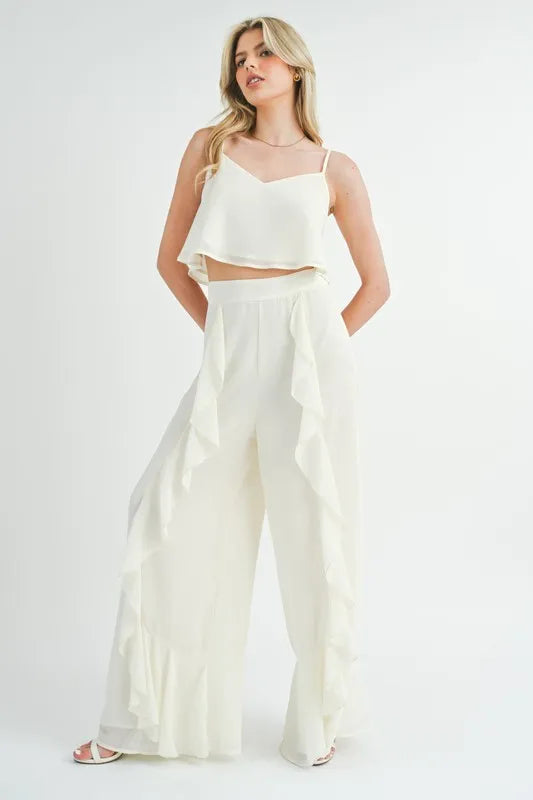 MABLE Crop Cami and Ruffled Wide Leg Pants Set - Fashorio