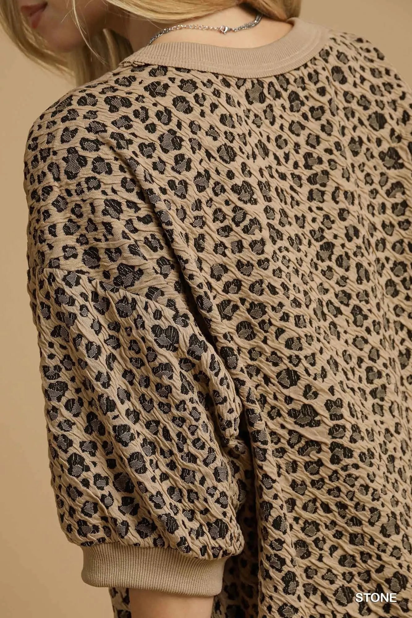 Umgee Leopard Knit Jacquard Puff Sleeve Sweatshirt - Fashorio