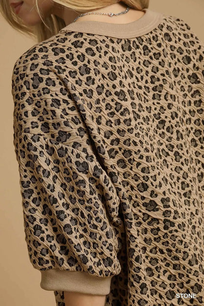 Umgee Leopard Knit Jacquard Puff Sleeve Sweatshirt - Fashorio