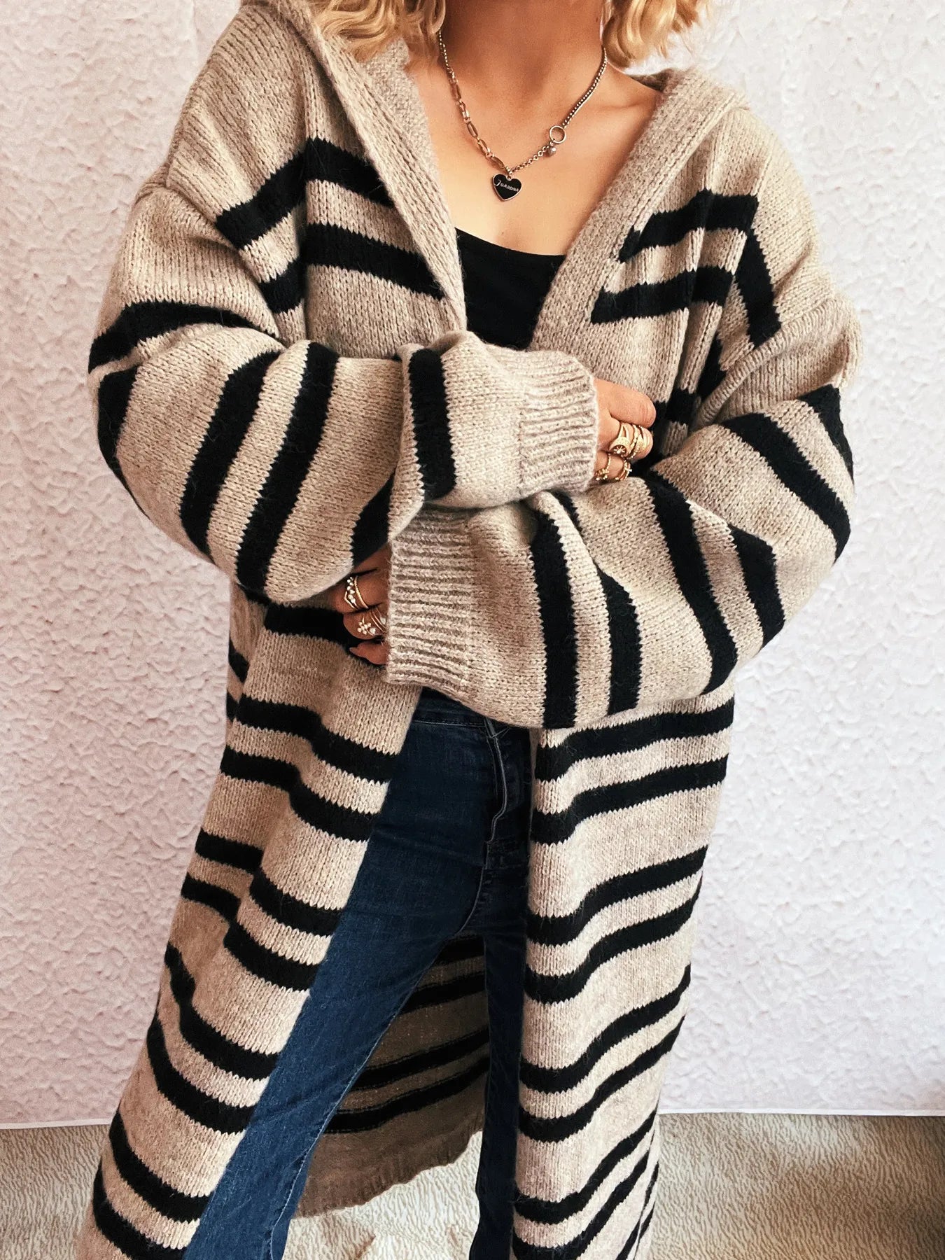 Striped Open Front Hooded Cardigan - Fashorio