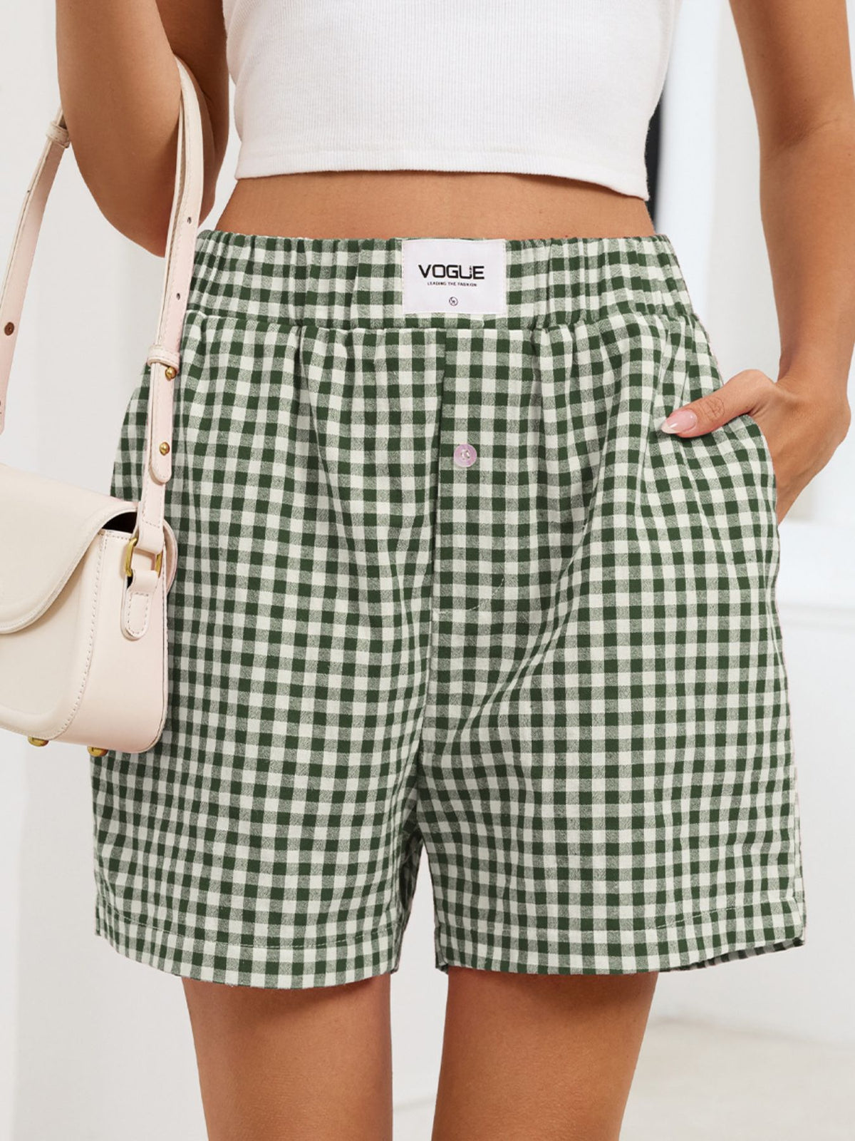 Gingham elastic waist shorts alternate front view