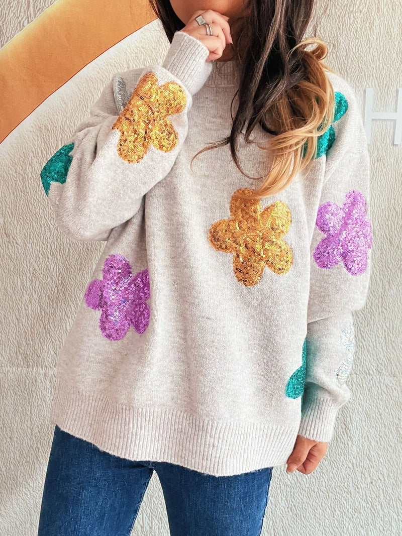 Sequin flower round neck sweater in grey, front view