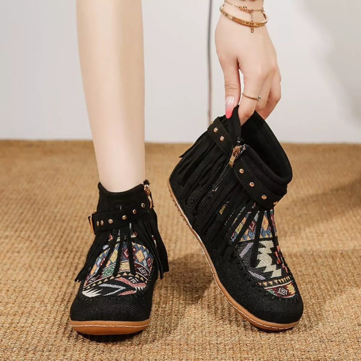Fringe side zipper ankle boots in Khaki, side profile