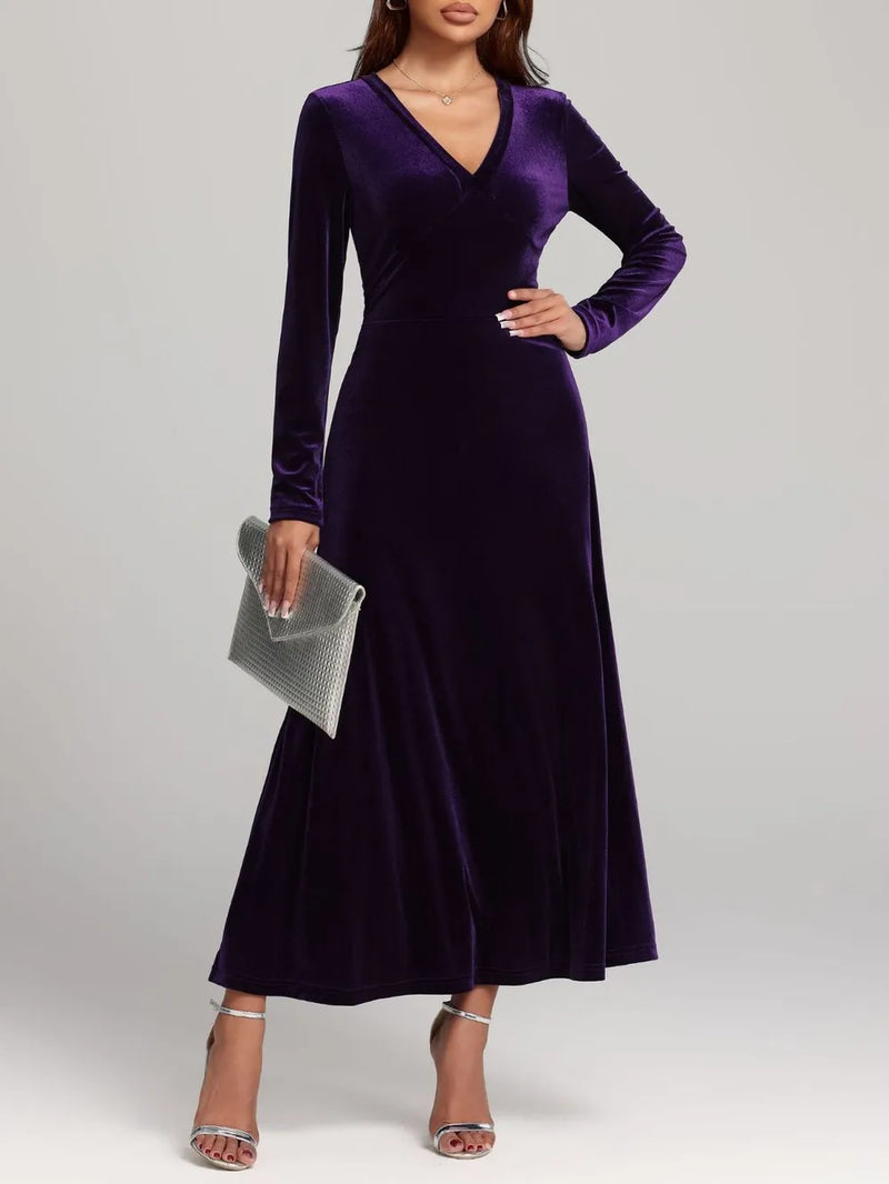 violet violet V neck long sleeve velvet dress front view