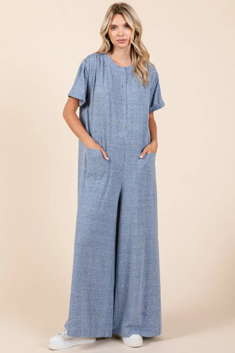 Button Detail Short Sleeve Wide Leg Jumpsuit