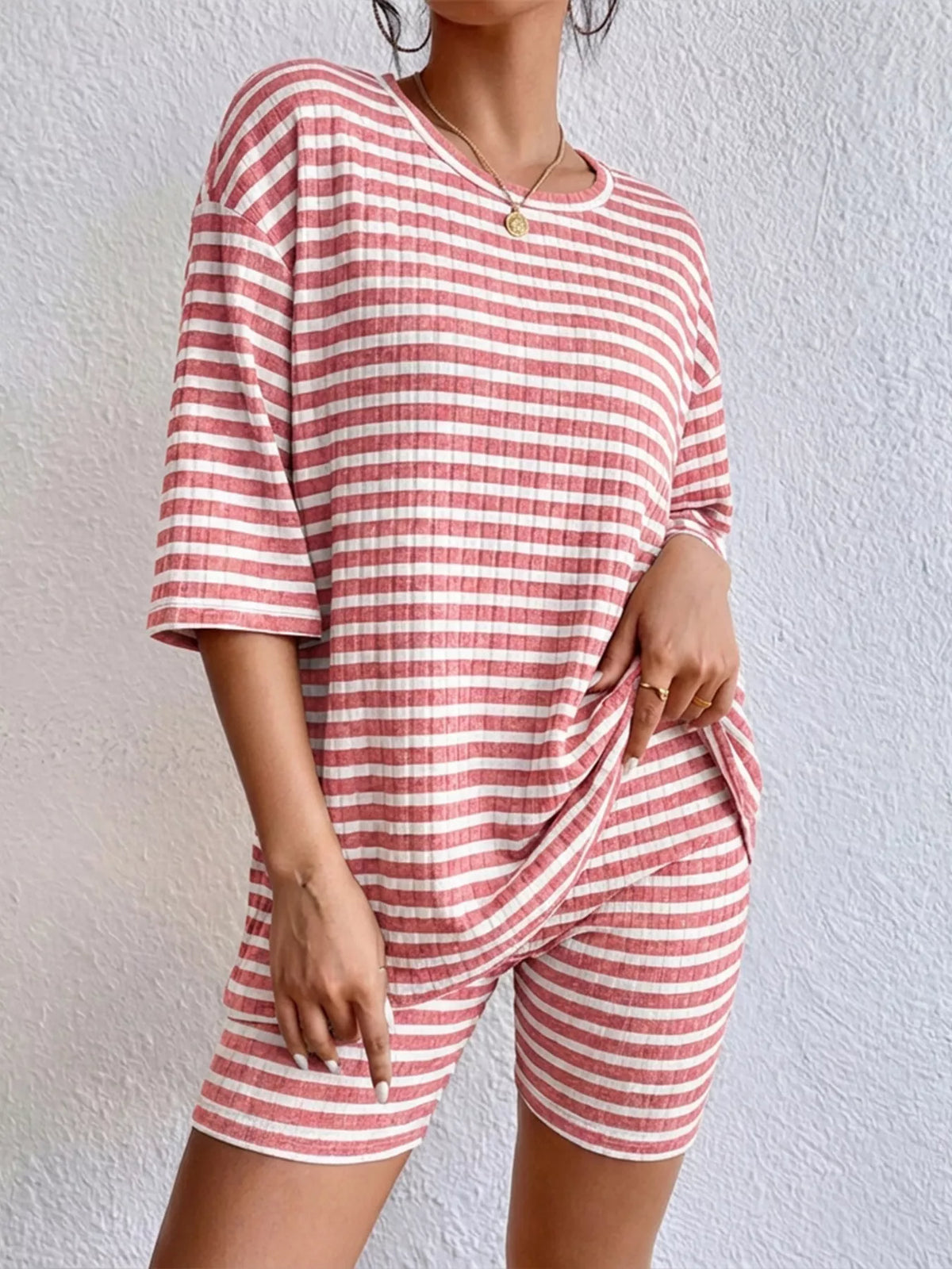 Striped round neck top and shorts set front view