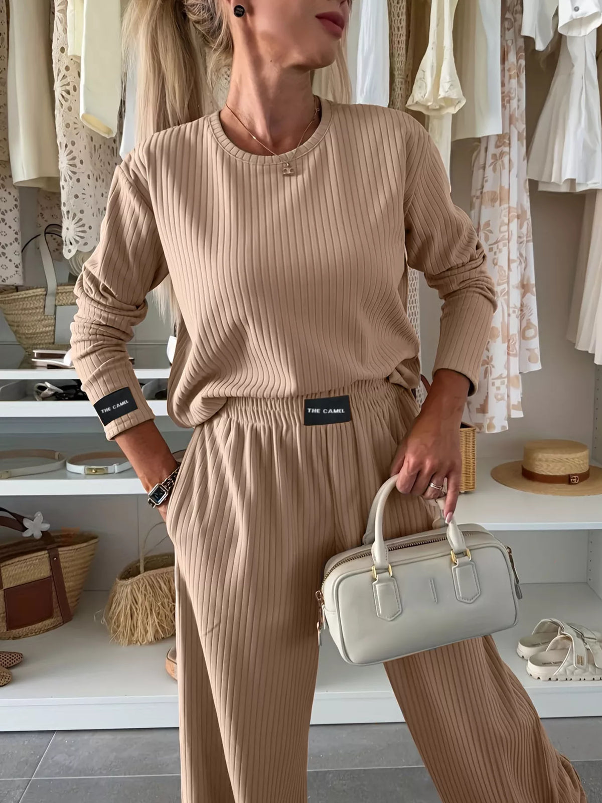 Brown ribbed two piece knit set styled