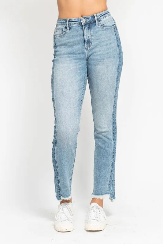 Judy Blue Vintage Wash Side Panel Fray Hem Slim Jeans – Plus Size Medium - Fashorio