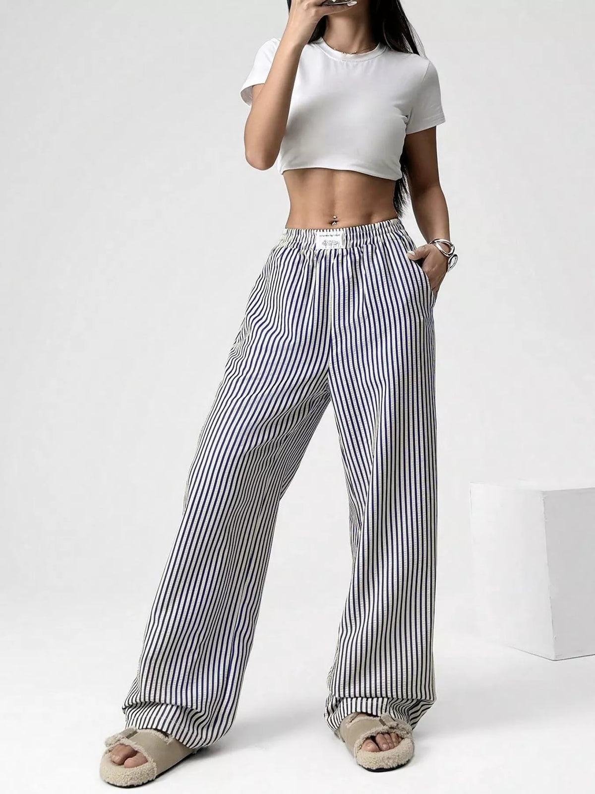 Striped high waist wide leg pants, on model