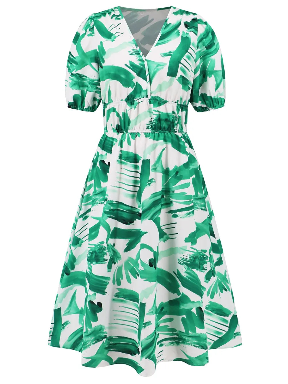 Ruched Printed Surplice Short Sleeve Dress - Fashorio