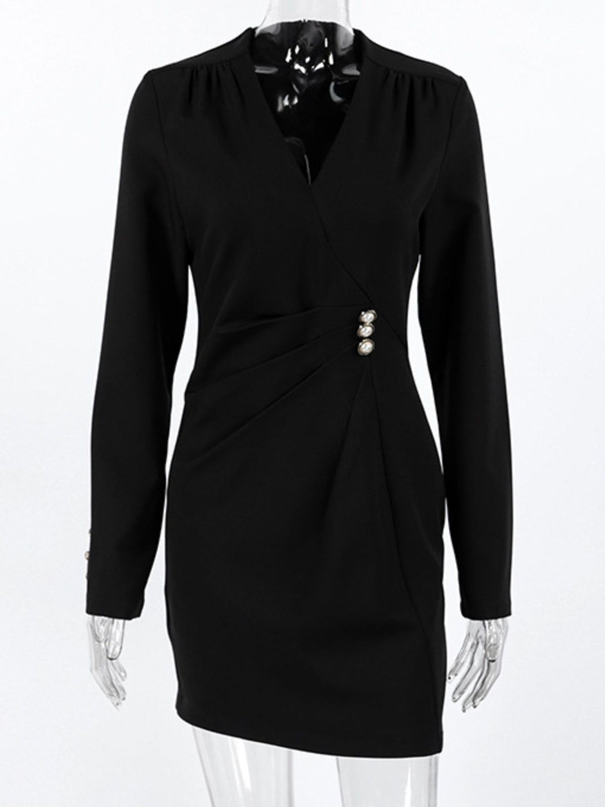 ruched surplice long sleeve dress neckline detail