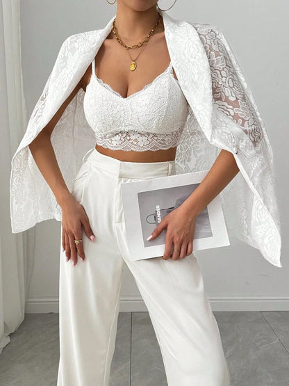 Lace Lapel Collar Long Sleeve Blazer - Fashorio