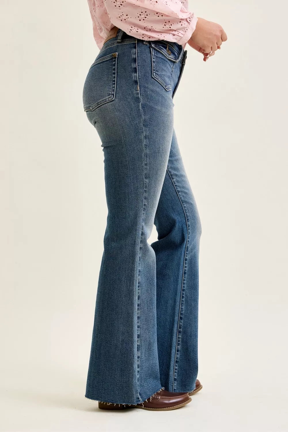 Judy Blue mid rise flare jeans front flap pocket detail
