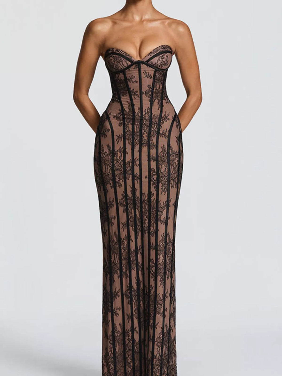 Lace Up Back Strapless Maxi Dress front view