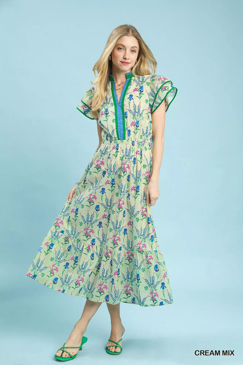 Cream mixed floral tiered midi dress front view