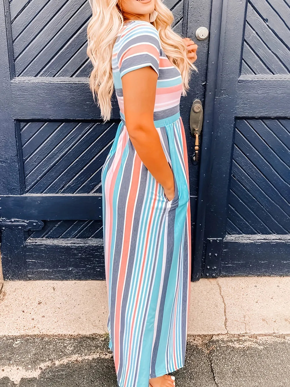 Full Size Striped Round Neck Short Sleeve Dress - Fashorio