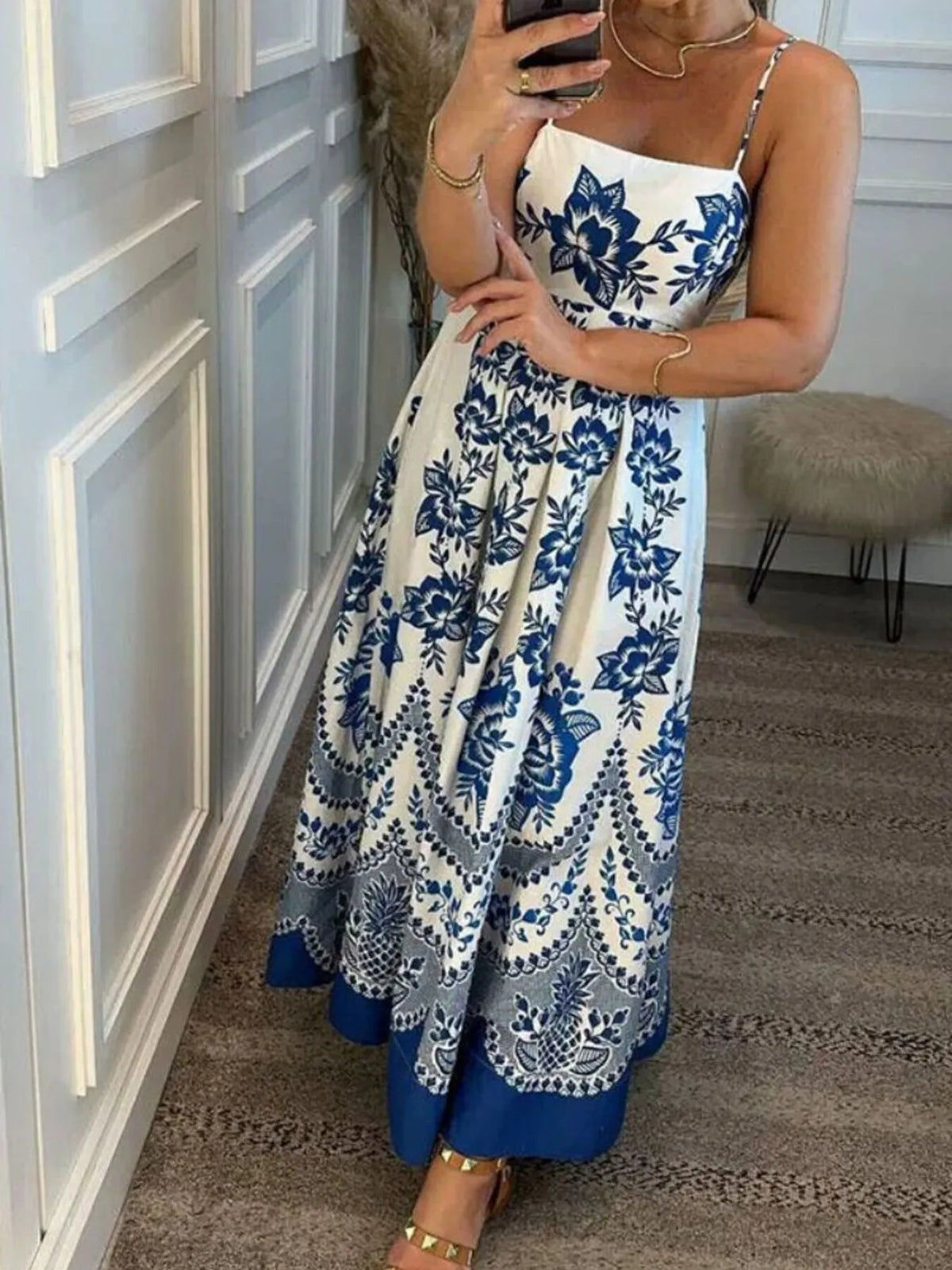 Blue printed spaghetti strap maxi dress front view