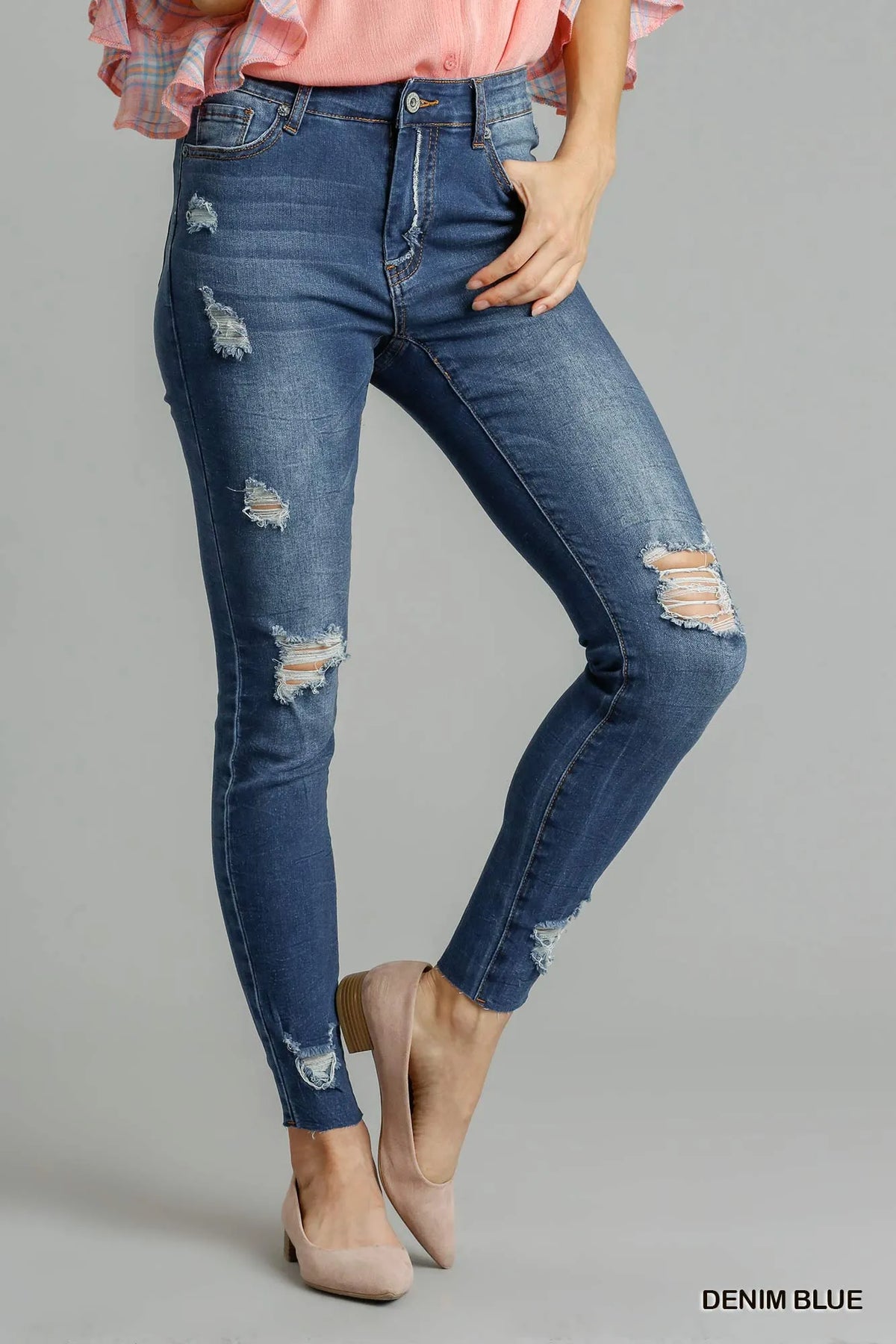 Distressed high waisted skinny jeans front view