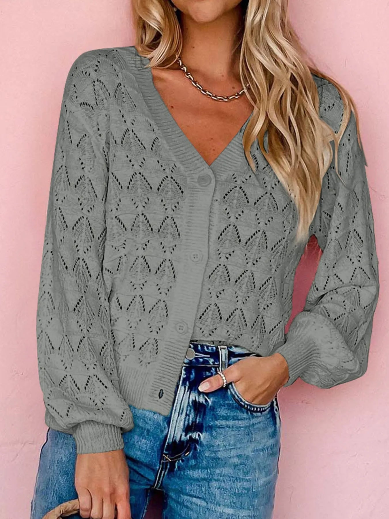 Buttoned Front Openwork Cardigan - Fashorio