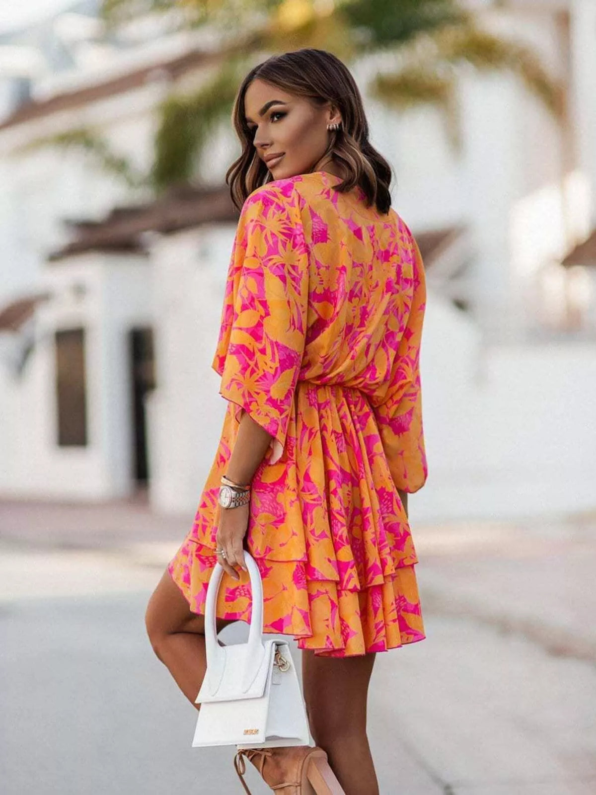 Printed surplice tiered mini dress side view