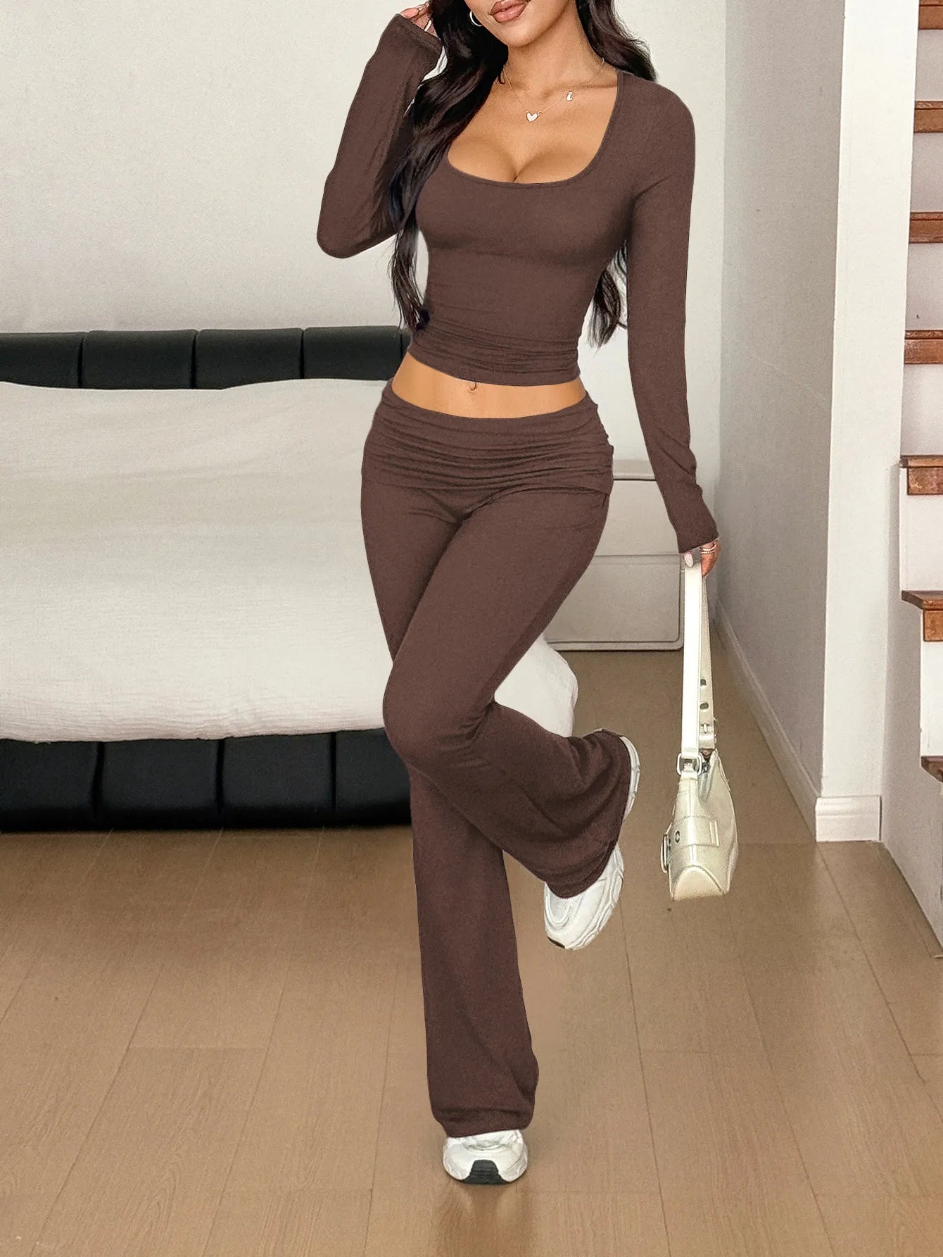 Long Sleeve Crop Top and Bootcut Pants Set Dark Brown - Fashorio